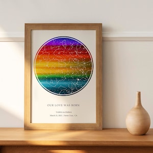 Carte des étoiles personnalisée par date, affiche drapeau arc-en-ciel LGBTQ, impression de couple amoureux gay, souvenir de couple de lesbiennes, mariage gay de deux mariées, art queer pour jeunes mariés