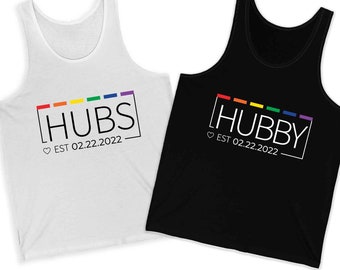 Hubs & Hubby Custom Est Gay Wedding Tank Top, Gay Bachelor Party Top, Two Groom Gay Honeymoon Tank T, Pride Husband Queer Married Couple Tee