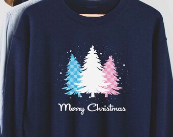 Transgender Christmas Sweatshirt, Snowy Tree Merry Christmas Subtle Transgender Flag Color Holiday Sweater, Trans Pride Christmas Sweatshirt