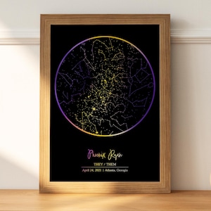 Póster de mapa estelar con bandera no binaria personalizado por fecha, impresión sutil de mapa estelar del orgullo queer de Enby, regalo de pronombres para niños de Enby, regalo de cambio de nombre de Enby