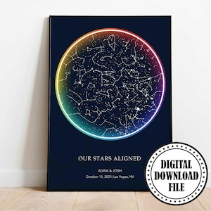 Carte des étoiles arc-en-ciel LGBTQ par date impression numérique de décoration, impression de carte des étoiles d'anniversaire gay, impression de la nuit de notre rencontre, cadeau de mariage lesbien, affiche de carte des étoiles gay