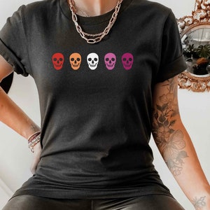 Lesbian Flag Skull Halloween Shirt, Subtle Lesbian Pride Shirt, LGBTQ Queer Pride Shirt, Lesbian Halloween Shirt, Lesbian Skeleton T-Shirt