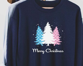 Transgender Christmas Sweatshirt, Subtle Transgender Pride Flag Color Xmas Sweater, Trans Pride Merry Christmas Tree Winter Holiday Sweater