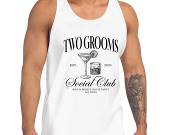 Two Grooms Social Club Gay Wedding Tank Top, Queer Groom Bachelor Party Top, LGBTQ Groomsman Best Man Groom Shower Gift For Pride Squad Tee