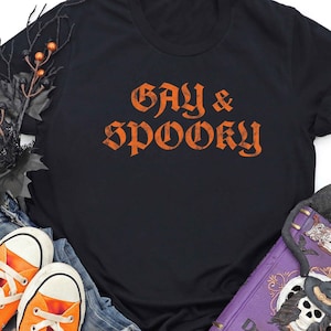 Gay & Spooky Funny Halloween Pride Shirt, LGBTQ Halloween Gay Tee, Gay Trick or Treat Shirt, Gay Halloween, Spooky Pride Queer Party Outfit