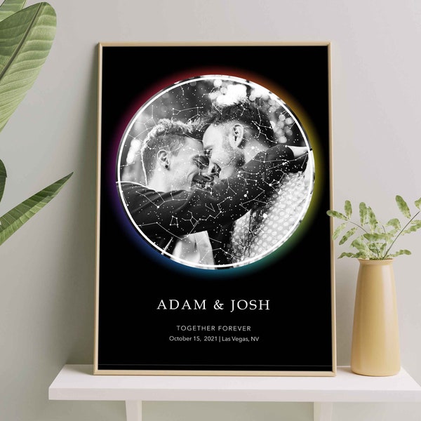 Custom Photo Star Map By Date LGBTQ Couple Rainbow Poster, Gay Couple Queer Wedding Gift, Lesbian Girlfriend Gift, Gay Boyfriend Photo Print
