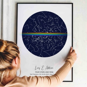 Benutzerdefinierte Sternkarte nach Datum zwei Ort Regenbogen Poster, Gay Paar Fern Beziehung, Lesben Freundin Geschenk, Hochzeitsandenken