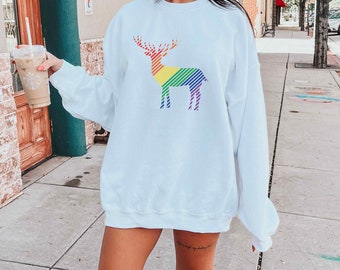 Rainbow Reindeer Gay Christmas Sweater, Rainbow Xmas Sweater, LGBTQ Queer Xmas Sweatshirt, Gay Holiday Pride Gift, Lesbian Christmas Sweater