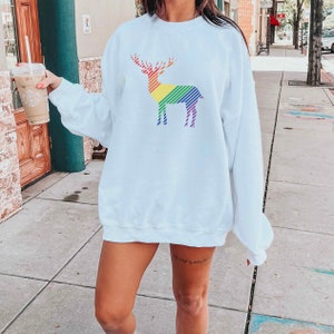 Rainbow Reindeer Gay Christmas Sweater, Rainbow Xmas Sweater, LGBTQ Queer Xmas Sweatshirt, Gay Holiday Pride Gift, Lesbian Christmas Sweater