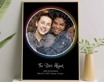 LGBTQ Rainbow Star Map By Date Custom Photo Print For Lesbian Night We Met Anniversary Gift Lesbian Wedding Wall Art Girlfriend Gift Lesbian