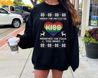 LGBTQ Mistelzweig Kuss Regenbogen hässliche Weihnachten Sweatshirt, Lesben Weihnachten Pullover, schwules Weihnachtsgeschenk, Queer hässliches Weihnachten Pullover, schwules Weihnachten Pullover