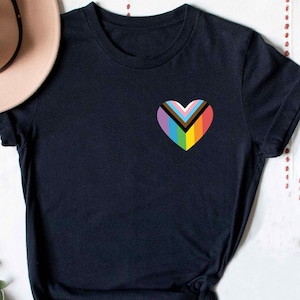 Progress Pride Flag Pocket Shirt For LGBTQ Ally T-Shirt LGBTQ Safe Person T Shirt For Queer Ally Rainbow Heart T-Shirt For LGBTQ Pride Month