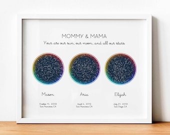 Custom Star Map By Date Gay Lesbian Family Rainbow Poster, Multiple Star Map, Lesbian Mom Children Family Wall Art, Two Mom Mother Day Gift
