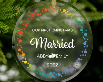 LGBTQ First Christmas Married Custom Name Rainbow Clear Glass Ornament, Queer Wedding Ornament, Gay Newlywed Gift, Lesbian Wedding Ornament