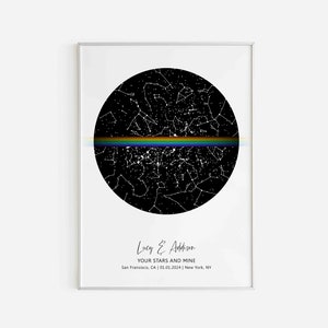 LGBTQ Star Map Nach Datum Zwei Ort Regenbogen Poster, Lesbisches Paar Fernbeziehung Geschenk, Gay Jahrestag, Queer Paar Kunst