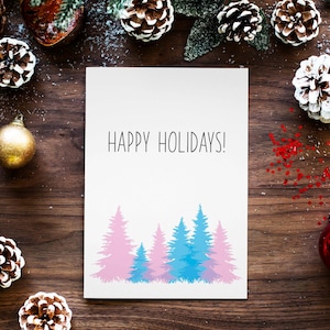 Tarjeta navideña transgénero LGBTQ, tarjeta navideña con árbol de Navidad con bandera trans, tarjeta navideña transgénero, tarjeta navideña del orgullo trans queer