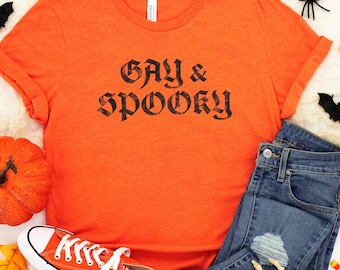 Gay & Spooky Funny Halloween Pride Shirt, LGBTQ Halloween Party Gothic Shirt, Gay Halloween Trick or Treat Shirt, Spooky Pride Queer Outfit