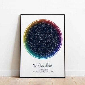 Mapa de estrellas del arcoíris del cielo nocturno personalizado, regalo de aniversario para el esposo, regalo para pareja de recién casados, arte de pared para bodas LGBTQ, regalo de compromiso para pareja gay de San Valentín