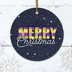 Nonbinary Flag Color Merry Christmas Ceramic Ornament, Enby Christmas Gift For LGBTQ Holiday Xmas Decor, Queer Pride Christmas Tree Ornament
