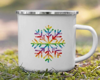Rainbow Snowflake Christmas Enamel Mug, LGBTQ Pride Xmas Mug, Gay Rainbow Flag Christmas Gift, Gay Camping Mug, Lesbian Pride Christmas Mug