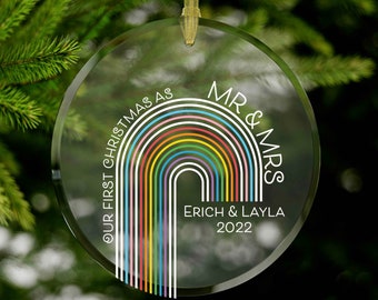 LGBTQ 1st Christmas Mr & Mrs Rainbow Pride Transgender Ornament, Queer Newlywed Married Pride Wedding Christmas Decor Trans Pride Ornament