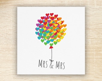 Lesbian Mrs & Mrs Rainbow Hearts Card, Lesbian Wedding Gift, Lesbian Married Couple, Lesbian Engagement, Gay Bachelorette, LGBTQ Newlywed