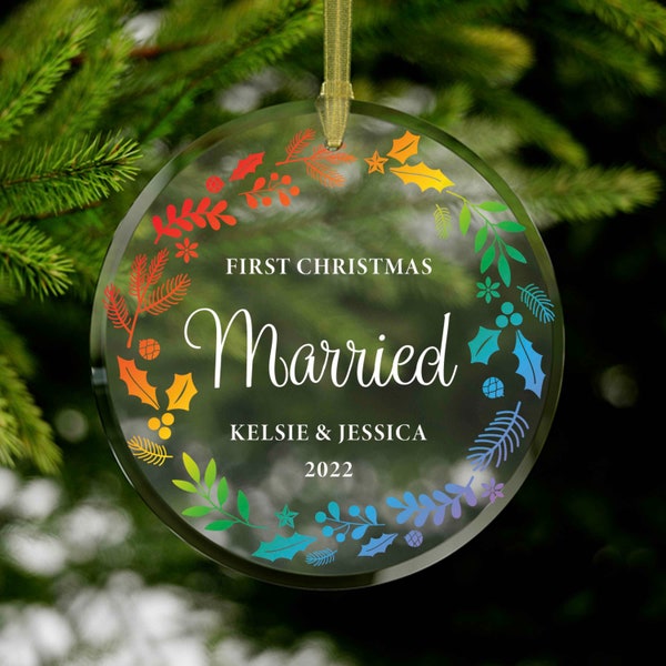 LGBTQ 1st Christmas Married Custom Name Rainbow Ornament, Queer Wedding Xmas Ornament, Gay Newlywed Gift, Lesbian Wedding Gift