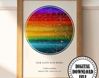Last Minute Gift, Digital Download File Custom Star Map By Date LGBTQ Rainbow Flag Print For Gay Pride Wedding Gift For Lesbian Couple Gift
