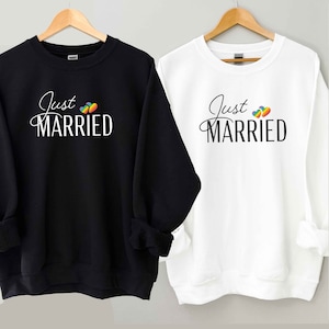 Just Married Rainbow Heart LGBTQ Same Sex Couple Sweatshirt, Lesbian Wedding, Gay Honeymoon Sweater, LGBT Newlywed, Lesbian Wife, Mrs & Mrs