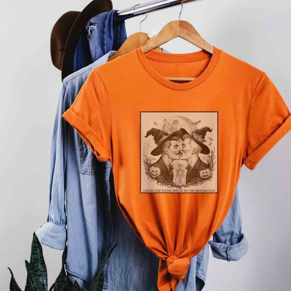 Taking The Scenic Route On The Broomstick Gay Funny Halloween Shirt, Gift For Pride, Queer Apparel, LGBT Gay Men Tee, Two Men Kiss Witch Top