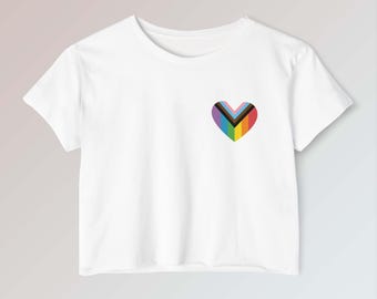 LGBTQ Progress Pride Flag Pocket Crop Top, Rainbow Ally Support Crop Tee, Support Gay Queer Right, Transgender Flag Apparel, Bisexual Crop T