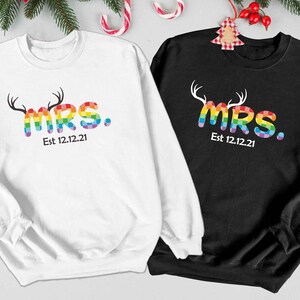 Lesbian Mrs & Mrs Christmas Sweatshirt, Two Bride Rainbow Christmas Lesbian Sweatshirt, Lesbian Wife Xmas Sweater, Lesbian Wedding Sweater