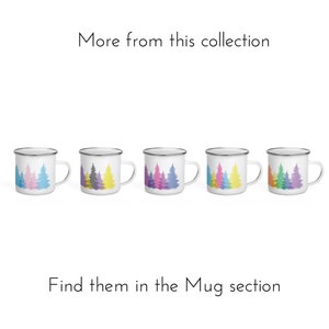 May include: Five white enamel mugs with a colorful forest design. Each mug features a different color scheme of pink, purple, blue, yellow, and green.