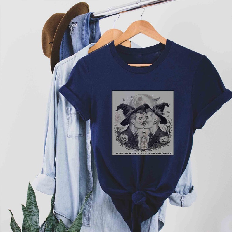 Taking The Scenic Route On The Broomstick Gay Funny Halloween Shirt, Gift For Pride, Queer Apparel, LGBT Gay Men Tee, Two Men Kiss Witch Top image 4