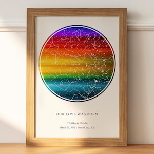 Custom Star Map By Date LGBTQ Rainbow Flag Poster, Gay Love Couple Print, Lesbian Couple Girlfriend Gift, Lesbian Engaged Rainbow Star Map