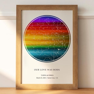 Carte des étoiles personnalisée par date, affiche drapeau arc-en-ciel LGBTQ, impression de couple d'amour gay, cadeau petite amie lesbienne, fiançailles queer jeunes mariés décoration murale