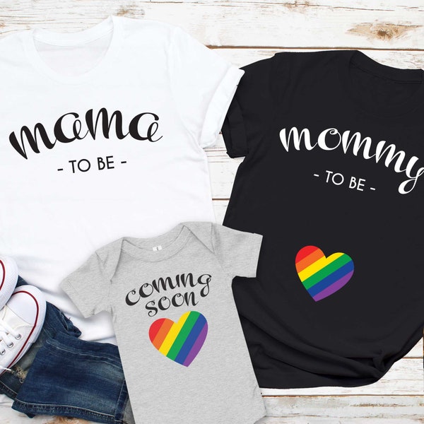 Lesbian Family Pregnancy Announcement Pride Rainbow Heart Tee, Two Mom LGBTQ Matching Family Shirt, Lesbian Mom To Be Baby Bodysuit Gift