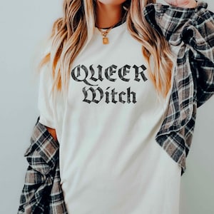 Retro Queer Witch Funny Sapphic T Shirt, LGBTQIA Lesbian Pride Unisex Tshirt, Cute Masc Pride Parade Witchy Unisex Top, Genderqueer Ally Tee