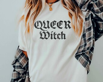 Retro Queer Witch Funny Sapphic T Shirt, LGBTQIA Lesbian Pride Unisex Tshirt, Cute Masc Pride Parade Witchy Unisex Top, Genderqueer Ally Tee