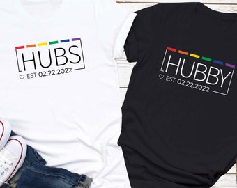 Gay Husband Rainbow Pride Custom Date Shirt, Gay Mr Wedding ,Gay Bachelor Party Decor, Two Grooms Wedding Engagement Gift, Gay Newlywed Tee