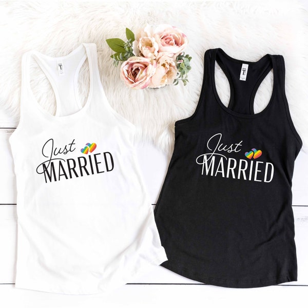 Just Married Lesbian Pride Tank Top, Lesbian Bride Rainbow Tee, LGBTQ Wedding Gift, Two Brides Honeymoon, Wedding Outfit, Gay Bridal Shower