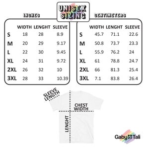 May include: Unisex sizing chart for a t-shirt with measurements in inches and centimeters. The chart shows the width, length, and sleeve length for sizes S, M, L, XL, 2XL, and 3XL.