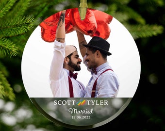 Gay Married Custom Photo Ornament For Pride Wedding Xmas Ornament For Gay Newlywed Gift For Two Groom Gay Christmas Ornament For Gay Wedding