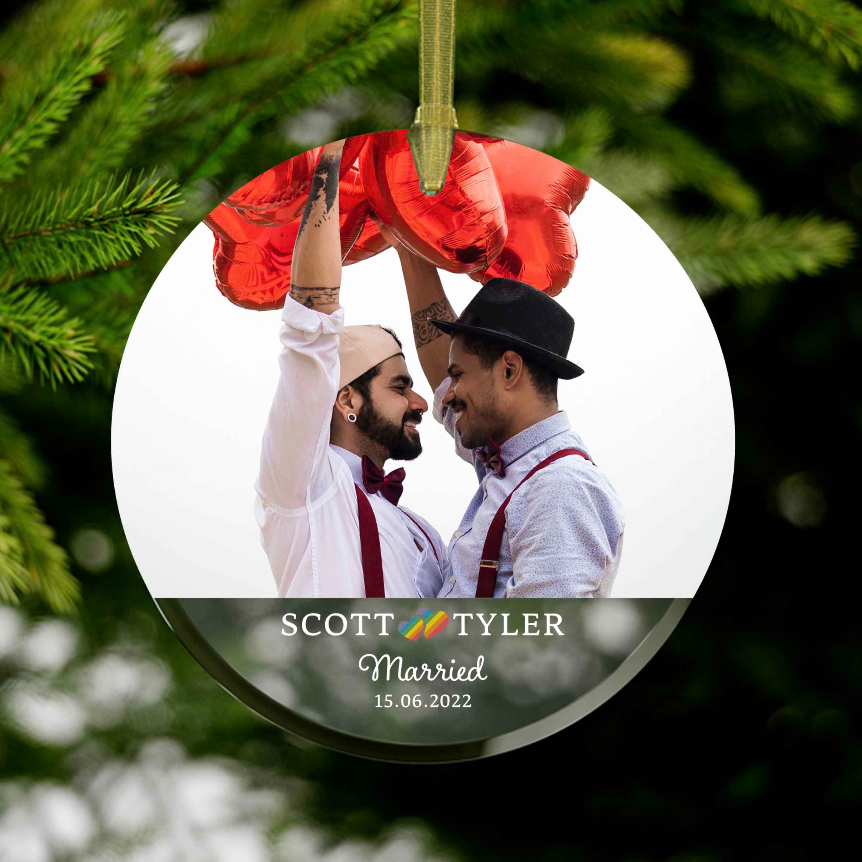 Gay Married Custom Photo Ornament For Pride Wedding Xmas Tree Gift, Queer Newlywed Ornament, Two Groom Same Sex Married Christmas Present