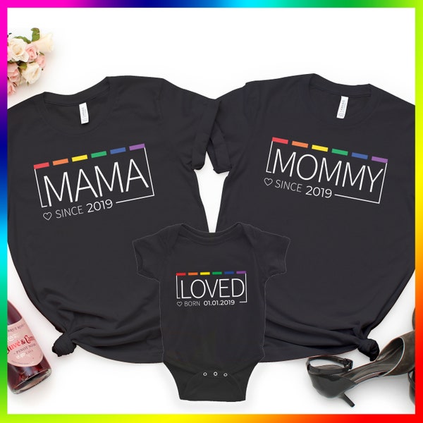 LGBTQ Lesbian Moms Custom Name Pride Matching Shirt For Lesbian Mom Baby Gift For Two Mom Pregnancy Announcement Shirt Two Mom Parents Shirt