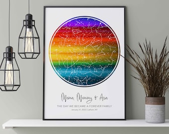 Custom Star Map By Date LGBTQ Family Rainbow Flag Poster, Lesbian Two Mom Mother Day Gift, Gay Family Two Dads & Baby Gift, Queer Family Art
