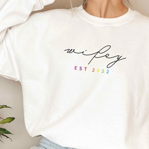 LGBTQ Wife Rainbow Custom Year Sweater, Subtle Pride Wifey Sweatshirt, Lesbian Newlywed Couple Wedding Gift, Lesbian Engaged Wife Sweater