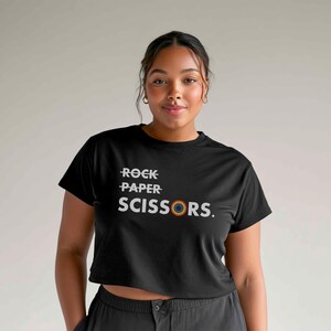 Rock Paper Scissors Lesbian Pride Crop Tee, LGBTQ Sapphic Parade Apparel, WLW Gay Queer Crop T-Shirt, Femme Masc Funny Rainbow Cute Crop Top