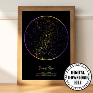Cadeau de fierté non binaire, carte des étoiles personnalisée par date Drapeau non binaire LGBTQ pour une fierté non binaire, cadeau de soutien pour un changement de nom non binaire, art mural