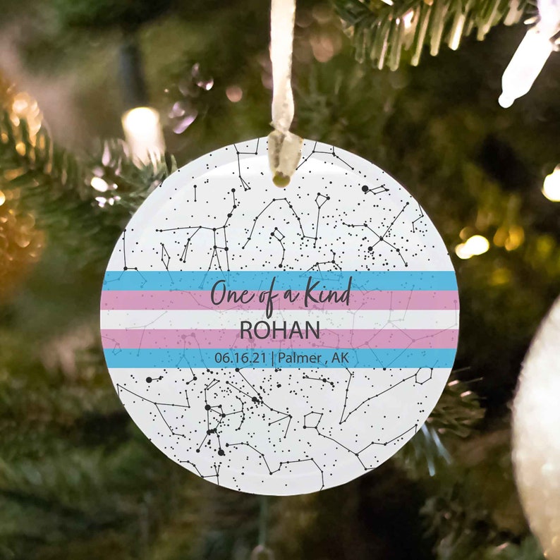 Transgender Custom Name Star Map Ornament For Trans Subtle Pride Gift For Trans Coming Out Support Gift Trans Flag Name Change Xmas Ornament White Sky